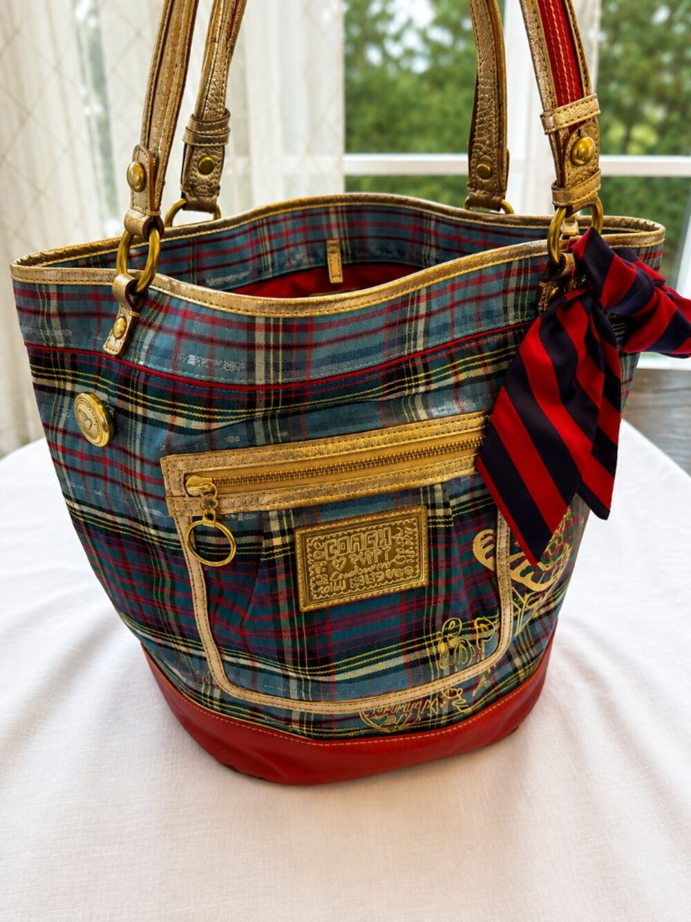 Coach Poppy Bella Tartan Plaid Bucket Tote 15887 Gold Scarf Rare